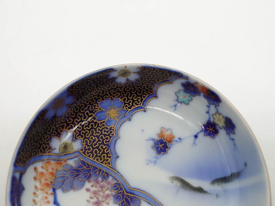 戦前　深川製磁　オールド深川　有田焼　染付　色絵　金彩　鯉　約10cm　3.3寸　艶やかな色付が美しい小皿3枚セット(魚、紅葉、桐、藤の花、桜、豆皿、和皿、和食器、三寸三分)(R-080078)
