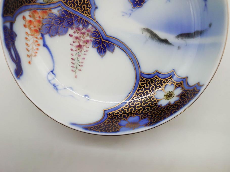 戦前　深川製磁　オールド深川　有田焼　染付　色絵　金彩　鯉　約10cm　3.3寸　艶やかな色付が美しい小皿3枚セット(魚、紅葉、桐、藤の花、桜、豆皿、和皿、和食器、三寸三分)(R-080078)