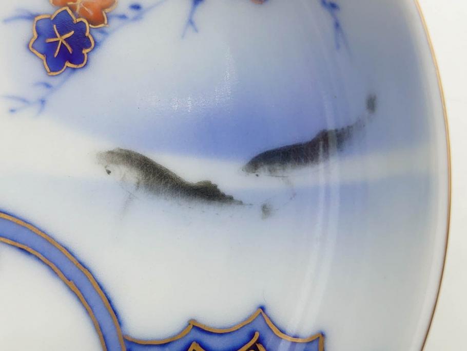 戦前　深川製磁　オールド深川　有田焼　染付　色絵　金彩　鯉　約10cm　3.3寸　艶やかな色付が美しい小皿3枚セット(魚、紅葉、桐、藤の花、桜、豆皿、和皿、和食器、三寸三分)(R-080078)