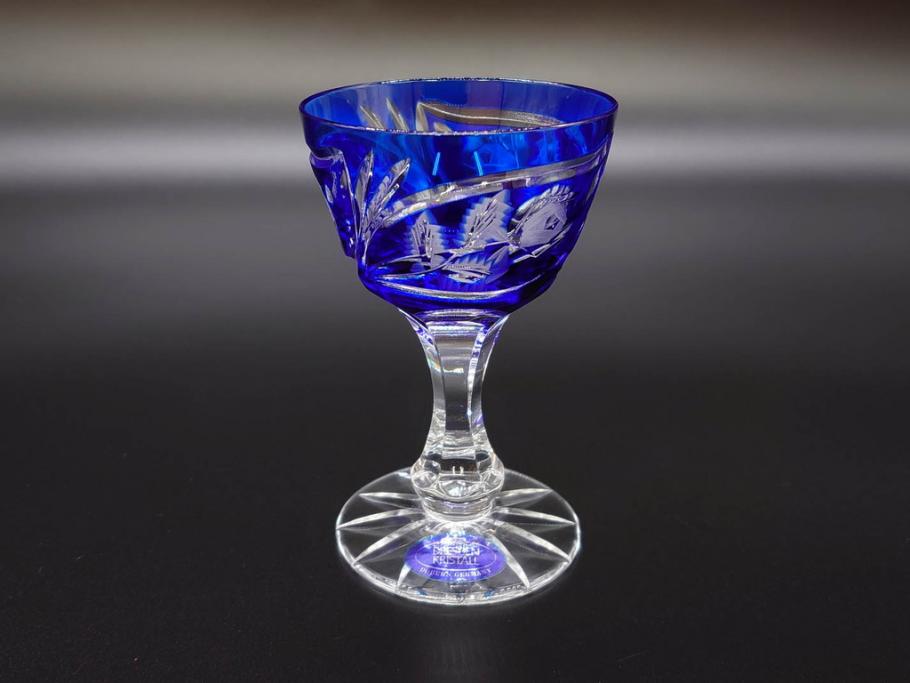 ドイツ　ドレスデンクリスタル(DRESDEN KRISTALL)　形違い　5種類　色被切子　繊細なカットと上品なブルーカラーが素敵なグラス5客セット(酒杯、ガラス)(R-074597)