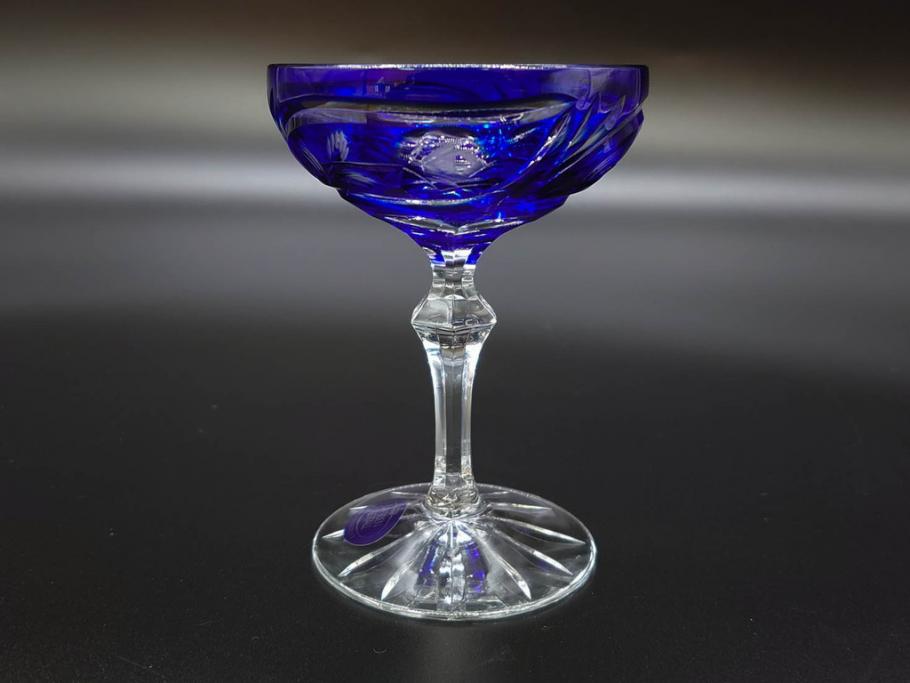 ドイツ　ドレスデンクリスタル(DRESDEN KRISTALL)　形違い　5種類　色被切子　繊細なカットと上品なブルーカラーが素敵なグラス5客セット(酒杯、ガラス)(R-074597)