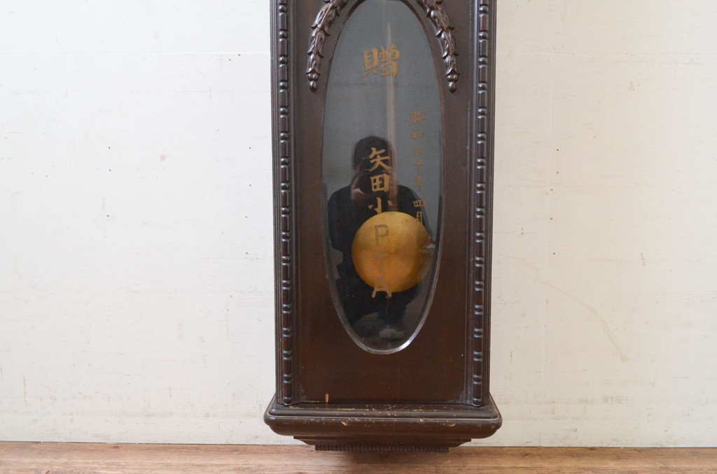 和製アンティーク　Meiji(明治時計社)　特大!!　彫刻の意匠が素敵な掛け時計(柱時計、古時計、振り子時計)(R-072510)