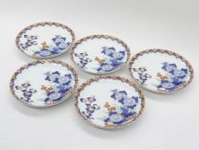 戦前　深川製磁　オールド深川　有田焼　染付　色絵　金彩　菊　約17cm　5.6寸　華やかな気品漂う中皿5枚セット(花、なます皿、和皿、和食器、裏印、五寸六分)(R-080079)