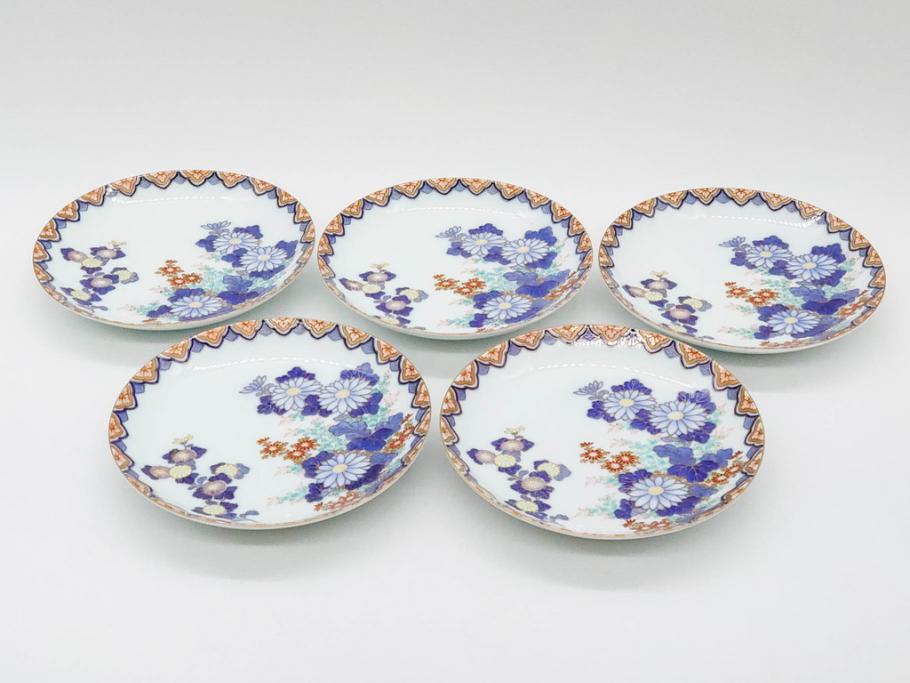 戦前　深川製磁　オールド深川　有田焼　染付　色絵　金彩　菊　約17cm　5.6寸　華やかな気品漂う中皿5枚セット(花、なます皿、和皿、和食器、裏印、五寸六分)(R-080079)