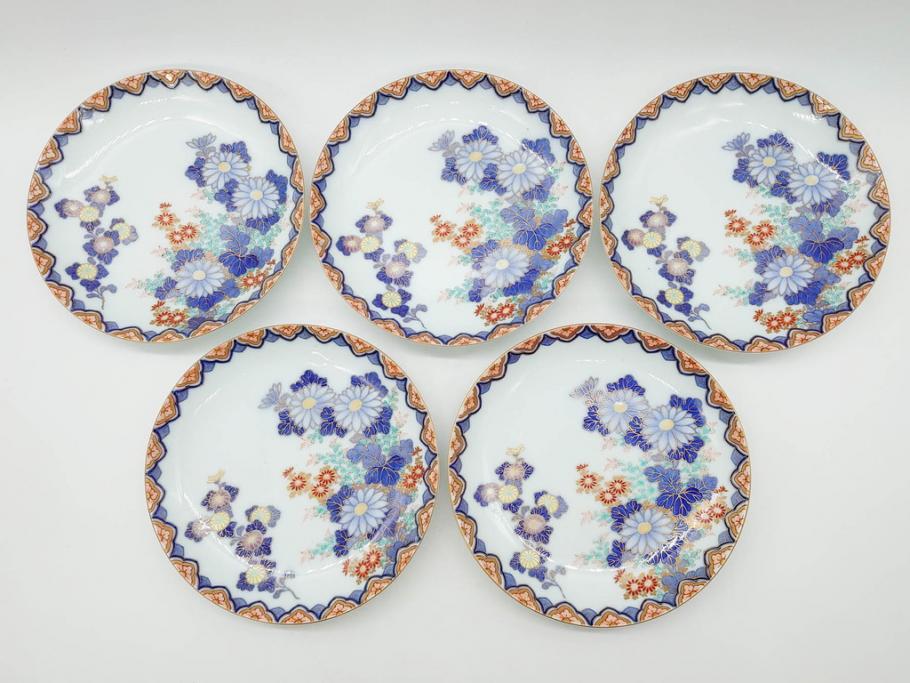 戦前　深川製磁　オールド深川　有田焼　染付　色絵　金彩　菊　約17cm　5.6寸　華やかな気品漂う中皿5枚セット(花、なます皿、和皿、和食器、裏印、五寸六分)(R-080079)