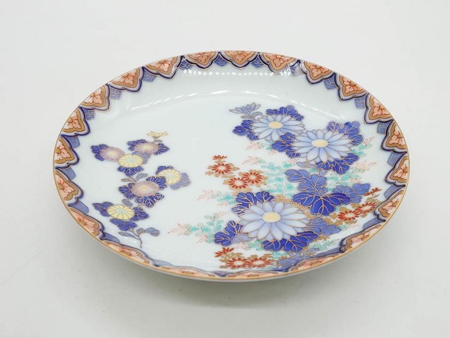 戦前　深川製磁　オールド深川　有田焼　染付　色絵　金彩　菊　約17cm　5.6寸　華やかな気品漂う中皿5枚セット(花、なます皿、和皿、和食器、裏印、五寸六分)(R-080079)