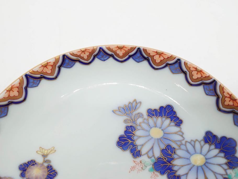 戦前　深川製磁　オールド深川　有田焼　染付　色絵　金彩　菊　約17cm　5.6寸　華やかな気品漂う中皿5枚セット(花、なます皿、和皿、和食器、裏印、五寸六分)(R-080079)
