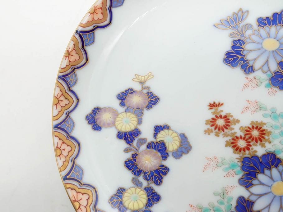 戦前　深川製磁　オールド深川　有田焼　染付　色絵　金彩　菊　約17cm　5.6寸　華やかな気品漂う中皿5枚セット(花、なます皿、和皿、和食器、裏印、五寸六分)(R-080079)