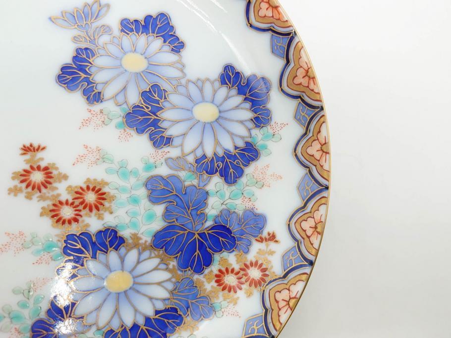 戦前　深川製磁　オールド深川　有田焼　染付　色絵　金彩　菊　約17cm　5.6寸　華やかな気品漂う中皿5枚セット(花、なます皿、和皿、和食器、裏印、五寸六分)(R-080079)