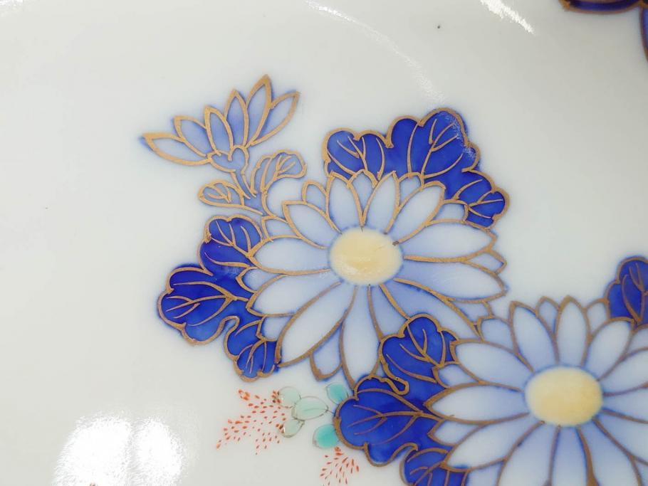 戦前　深川製磁　オールド深川　有田焼　染付　色絵　金彩　菊　約17cm　5.6寸　華やかな気品漂う中皿5枚セット(花、なます皿、和皿、和食器、裏印、五寸六分)(R-080079)