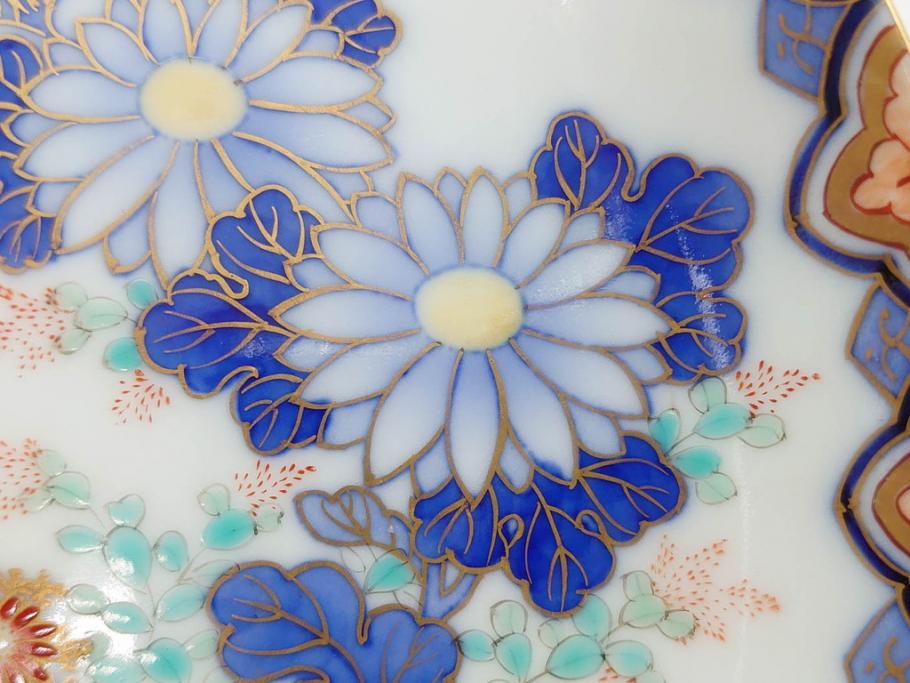 戦前　深川製磁　オールド深川　有田焼　染付　色絵　金彩　菊　約17cm　5.6寸　華やかな気品漂う中皿5枚セット(花、なます皿、和皿、和食器、裏印、五寸六分)(R-080079)