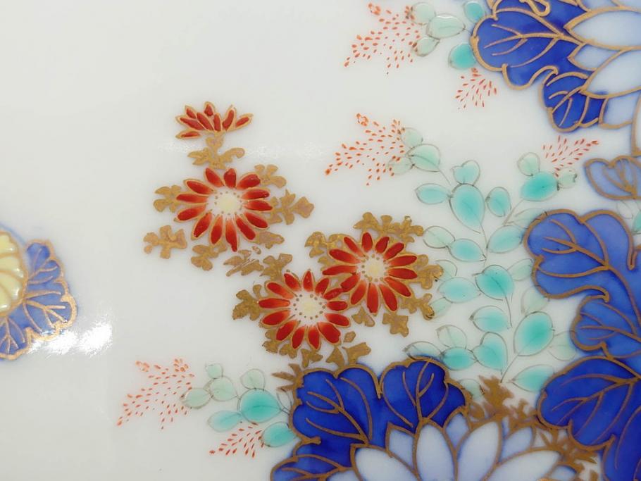 戦前　深川製磁　オールド深川　有田焼　染付　色絵　金彩　菊　約17cm　5.6寸　華やかな気品漂う中皿5枚セット(花、なます皿、和皿、和食器、裏印、五寸六分)(R-080079)