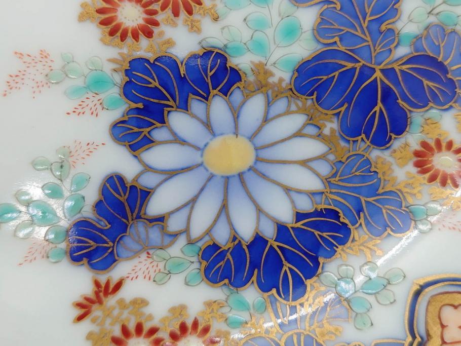 戦前　深川製磁　オールド深川　有田焼　染付　色絵　金彩　菊　約17cm　5.6寸　華やかな気品漂う中皿5枚セット(花、なます皿、和皿、和食器、裏印、五寸六分)(R-080079)