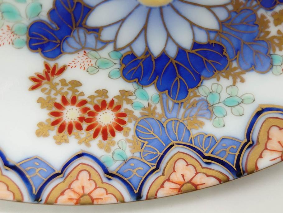 戦前　深川製磁　オールド深川　有田焼　染付　色絵　金彩　菊　約17cm　5.6寸　華やかな気品漂う中皿5枚セット(花、なます皿、和皿、和食器、裏印、五寸六分)(R-080079)