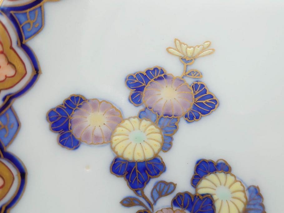 戦前　深川製磁　オールド深川　有田焼　染付　色絵　金彩　菊　約17cm　5.6寸　華やかな気品漂う中皿5枚セット(花、なます皿、和皿、和食器、裏印、五寸六分)(R-080079)