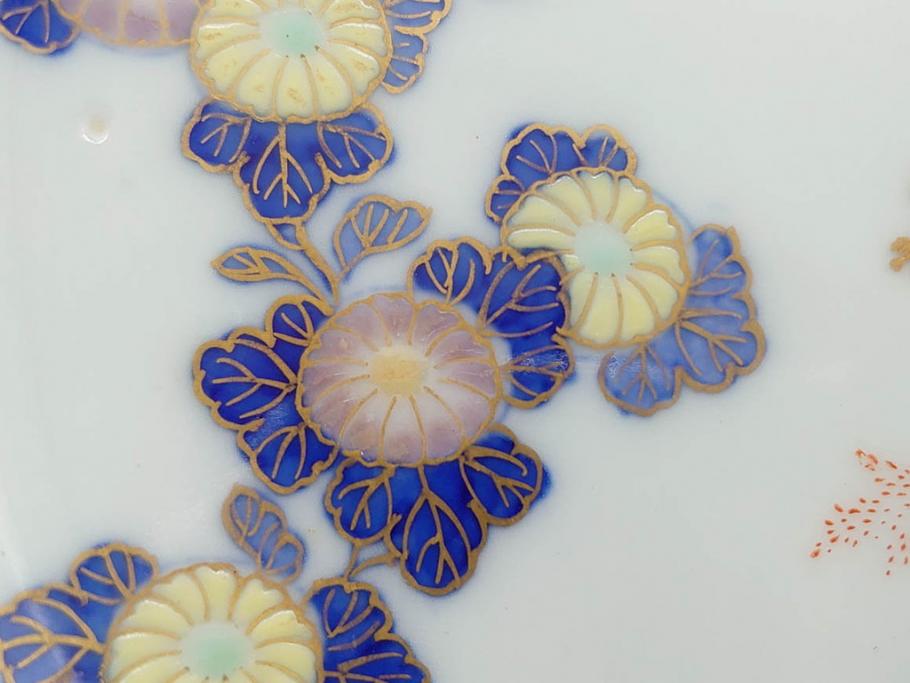 戦前　深川製磁　オールド深川　有田焼　染付　色絵　金彩　菊　約17cm　5.6寸　華やかな気品漂う中皿5枚セット(花、なます皿、和皿、和食器、裏印、五寸六分)(R-080079)
