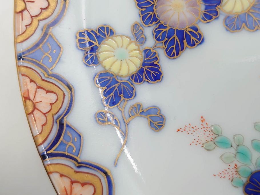 戦前　深川製磁　オールド深川　有田焼　染付　色絵　金彩　菊　約17cm　5.6寸　華やかな気品漂う中皿5枚セット(花、なます皿、和皿、和食器、裏印、五寸六分)(R-080079)