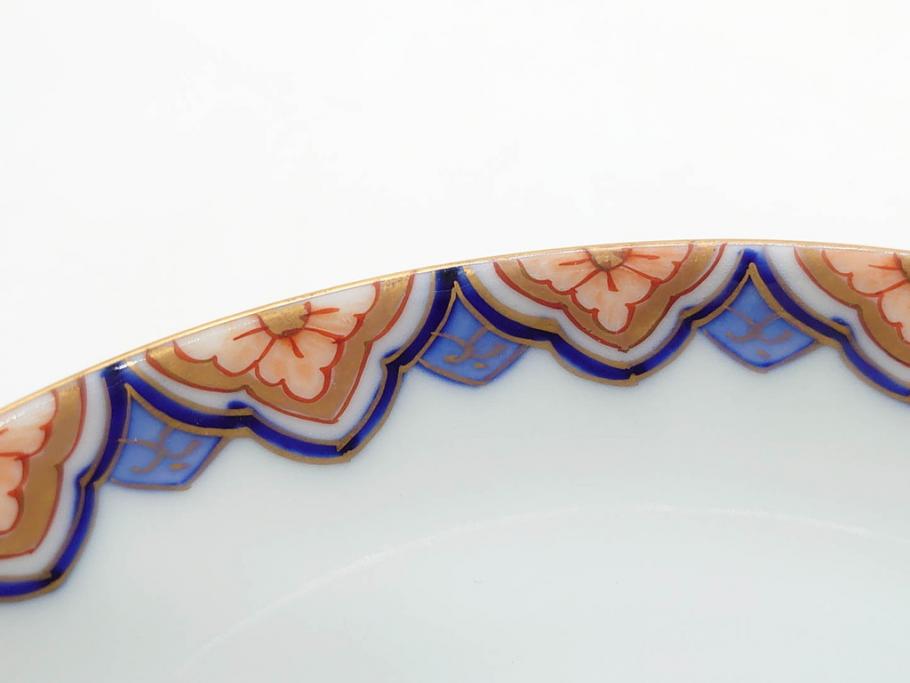 戦前　深川製磁　オールド深川　有田焼　染付　色絵　金彩　菊　約17cm　5.6寸　華やかな気品漂う中皿5枚セット(花、なます皿、和皿、和食器、裏印、五寸六分)(R-080079)