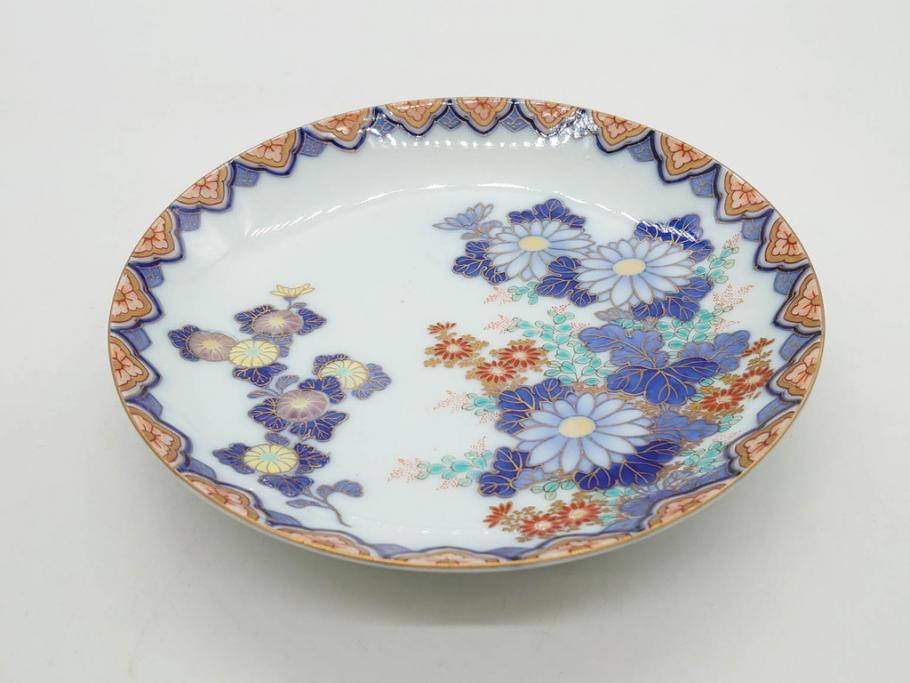戦前　深川製磁　オールド深川　有田焼　染付　色絵　金彩　菊　約17cm　5.6寸　華やかな気品漂う中皿5枚セット(花、なます皿、和皿、和食器、裏印、五寸六分)(R-080079)