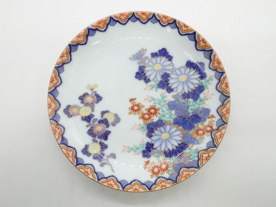 戦前　深川製磁　オールド深川　有田焼　染付　色絵　金彩　菊　約17cm　5.6寸　華やかな気品漂う中皿5枚セット(花、なます皿、和皿、和食器、裏印、五寸六分)(R-080079)
