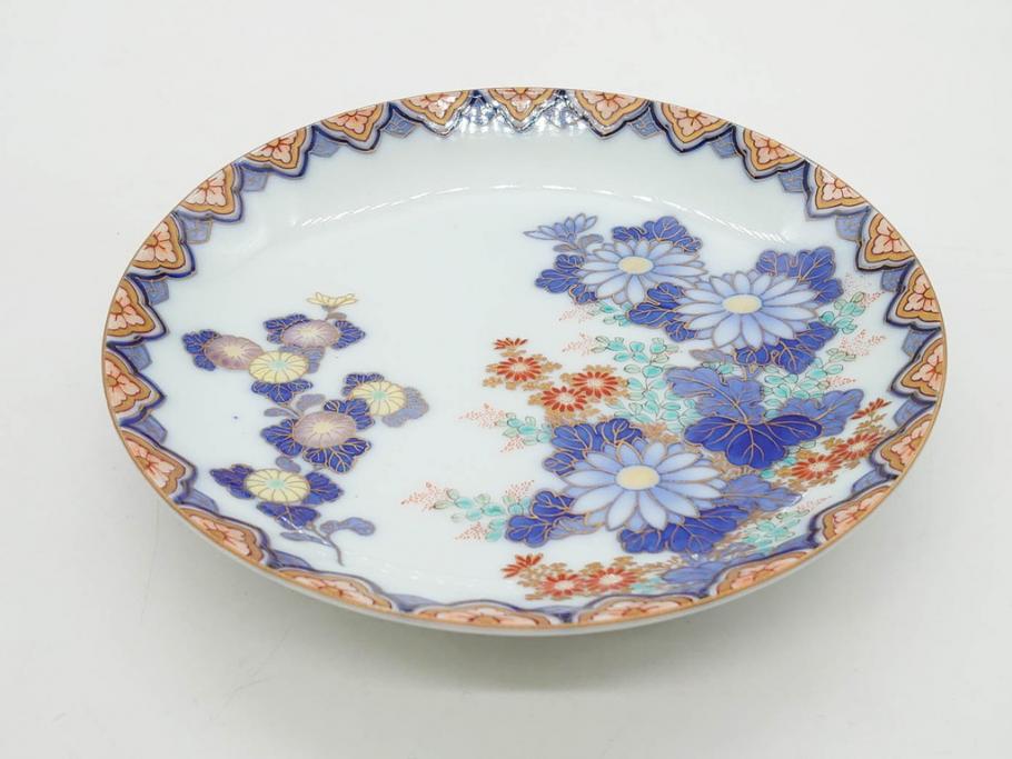 戦前　深川製磁　オールド深川　有田焼　染付　色絵　金彩　菊　約17cm　5.6寸　華やかな気品漂う中皿5枚セット(花、なます皿、和皿、和食器、裏印、五寸六分)(R-080079)