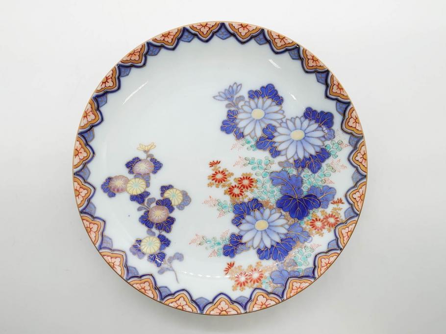 戦前　深川製磁　オールド深川　有田焼　染付　色絵　金彩　菊　約17cm　5.6寸　華やかな気品漂う中皿5枚セット(花、なます皿、和皿、和食器、裏印、五寸六分)(R-080079)