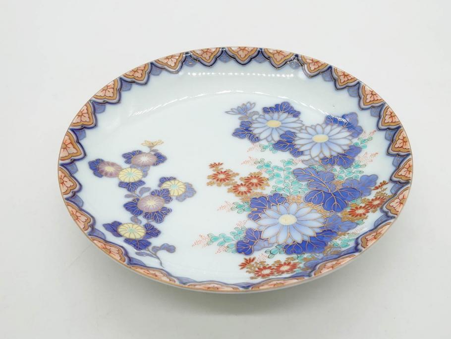 戦前　深川製磁　オールド深川　有田焼　染付　色絵　金彩　菊　約17cm　5.6寸　華やかな気品漂う中皿5枚セット(花、なます皿、和皿、和食器、裏印、五寸六分)(R-080079)