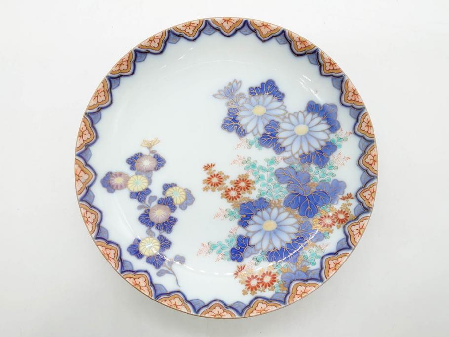 戦前　深川製磁　オールド深川　有田焼　染付　色絵　金彩　菊　約17cm　5.6寸　華やかな気品漂う中皿5枚セット(花、なます皿、和皿、和食器、裏印、五寸六分)(R-080079)