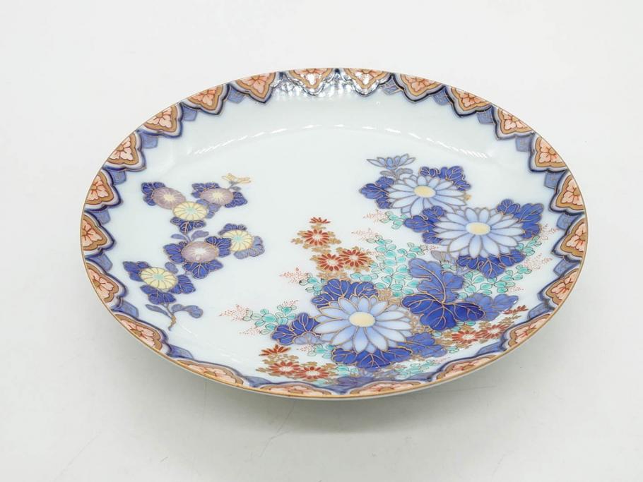 戦前　深川製磁　オールド深川　有田焼　染付　色絵　金彩　菊　約17cm　5.6寸　華やかな気品漂う中皿5枚セット(花、なます皿、和皿、和食器、裏印、五寸六分)(R-080079)