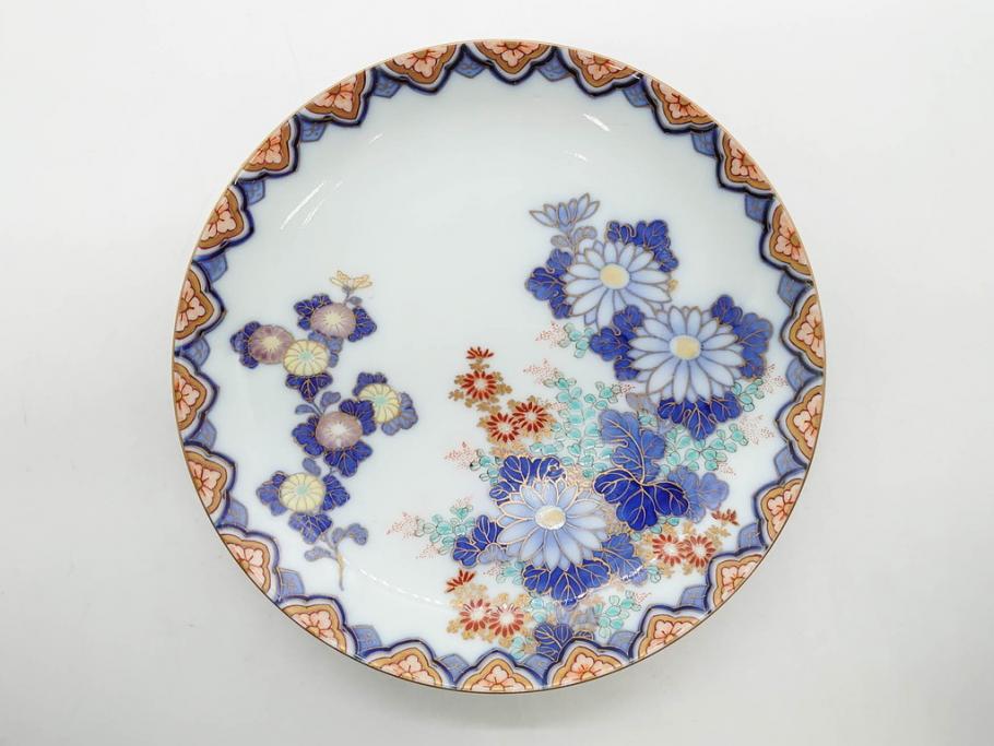 戦前　深川製磁　オールド深川　有田焼　染付　色絵　金彩　菊　約17cm　5.6寸　華やかな気品漂う中皿5枚セット(花、なます皿、和皿、和食器、裏印、五寸六分)(R-080079)