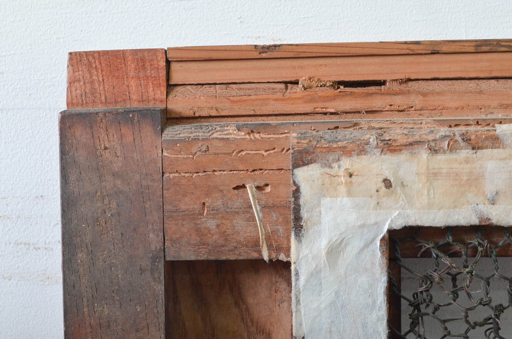 アンティーク建具　総欅(ケヤキ)材　時代の流れを感じさせる升目(マス目)格子蔵戸1枚(きつね格子、狐格子、引き戸、玄関戸、格子戸)(R-079859)