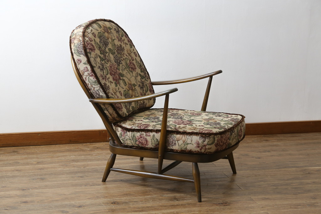 イギリスビンテージ　美品　ERCOL(アーコール)　落ち着いた色味の花柄ファブリックが上品な1人掛けソファ(ラウンジチェア、アームチェア、椅子、1シーターソファ、英国、北欧、ヴィンテージ)(R-071185)