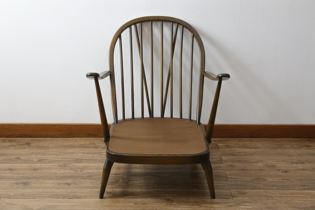 イギリスビンテージ　美品　ERCOL(アーコール)　落ち着いた色味の花柄ファブリックが上品な1人掛けソファ(ラウンジチェア、アームチェア、椅子、1シーターソファ、英国、北欧、ヴィンテージ)(R-071185)
