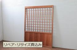 【セミオーダー家具実例】アンティークの格子戸2枚組に高品質リペアを施しました。お客様から頂いた図面通りにリサイズ。当店オリジナルガラスの麻の葉模様ガラスに変更。色は入れるが、なるべく薄くとのご希望。(引き戸、建具)