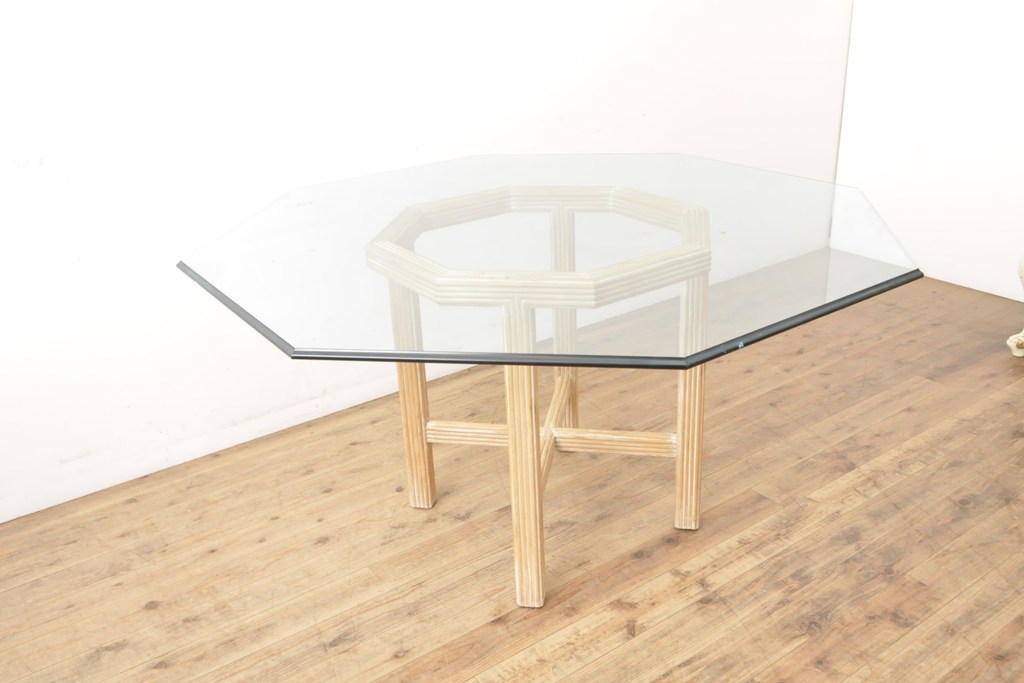 中古　フロリダビンテージスタイルの個性的なオクタゴンガラストップテーブル(ガラス天板、ダイニングテーブル、センターテーブル)(R-056556)