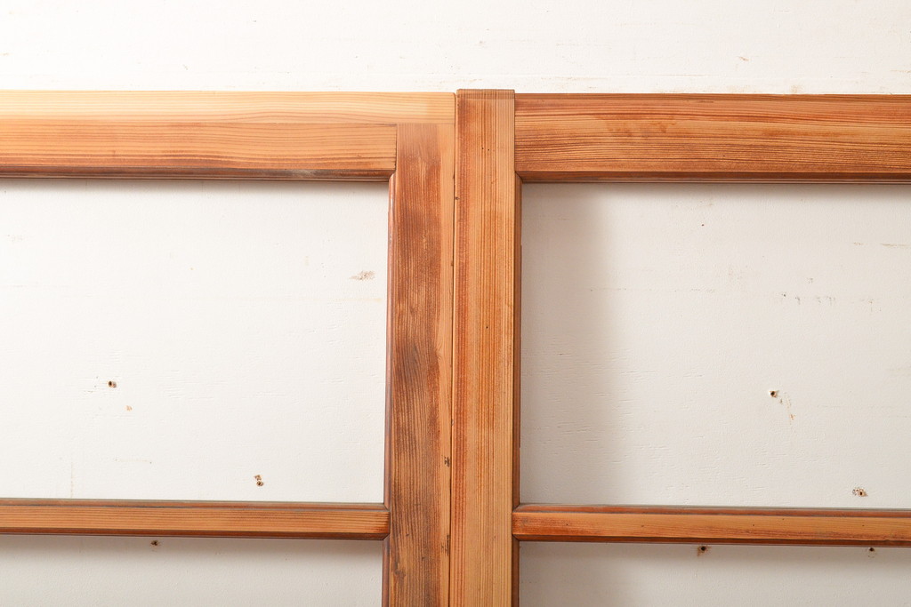 昭和中期　レトロな木製フレームのアンティークガラス戸2枚(引き戸、木製建具)(R-056098)