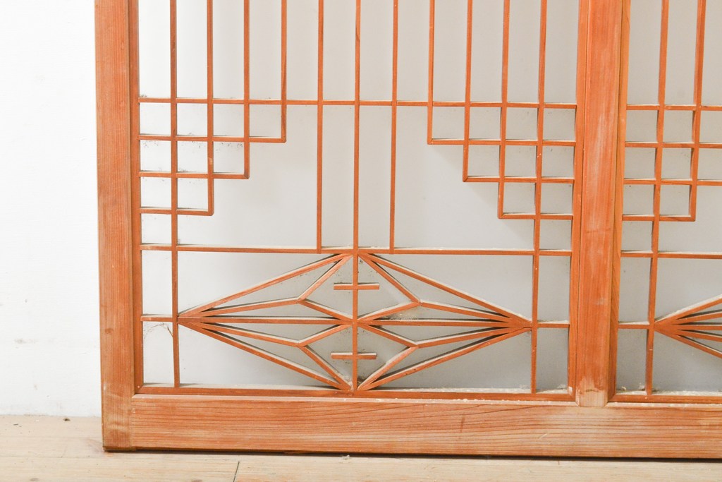 アンティーク建具　麻の葉　組子入り和の趣漂うガラス窓2枚セット(ガラス戸、組子建具、引き戸)(R-056196)