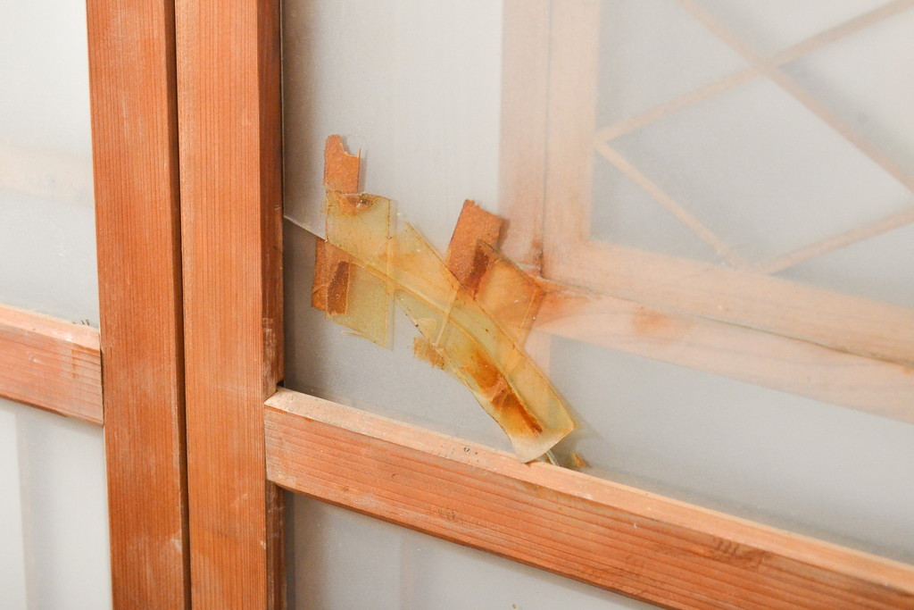 アンティーク建具　麻の葉　組子入り和の趣漂うガラス窓2枚セット(ガラス戸、組子建具、引き戸)(R-056196)