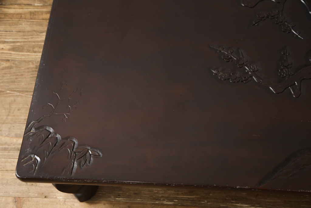 和製ビンテージ　大胆かつ繊細な彫刻が美しい日光彫りのガラス天板付き座卓(ローテーブル、リビングテーブル、センターテーブル、ヴィンテージ)(R-066385)