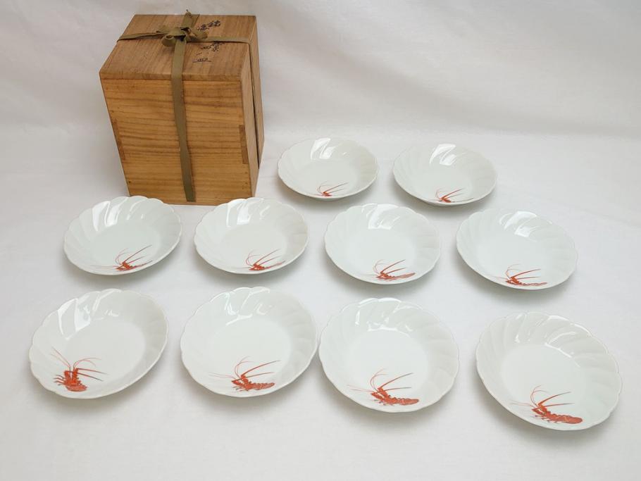 十二代　酒井田柿右衛門　錦海老画　4.8寸　約14.5cm　中皿10客セット(共箱付き、和食器、和皿、4寸8分)(R-062618)