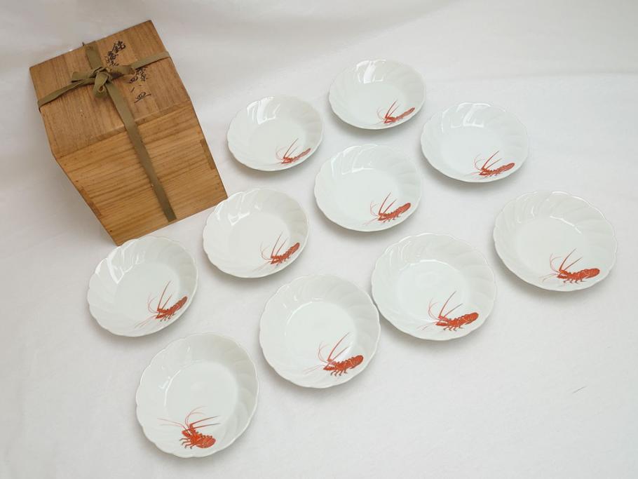十二代　酒井田柿右衛門　錦海老画　4.8寸　約14.5cm　中皿10客セット(共箱付き、和食器、和皿、4寸8分)(R-062618)