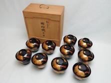 輪島塗　老松　蒔絵　木製　吸物椀10客セット(雑煮椀、黒漆、お椀、漆器)(R-062619)