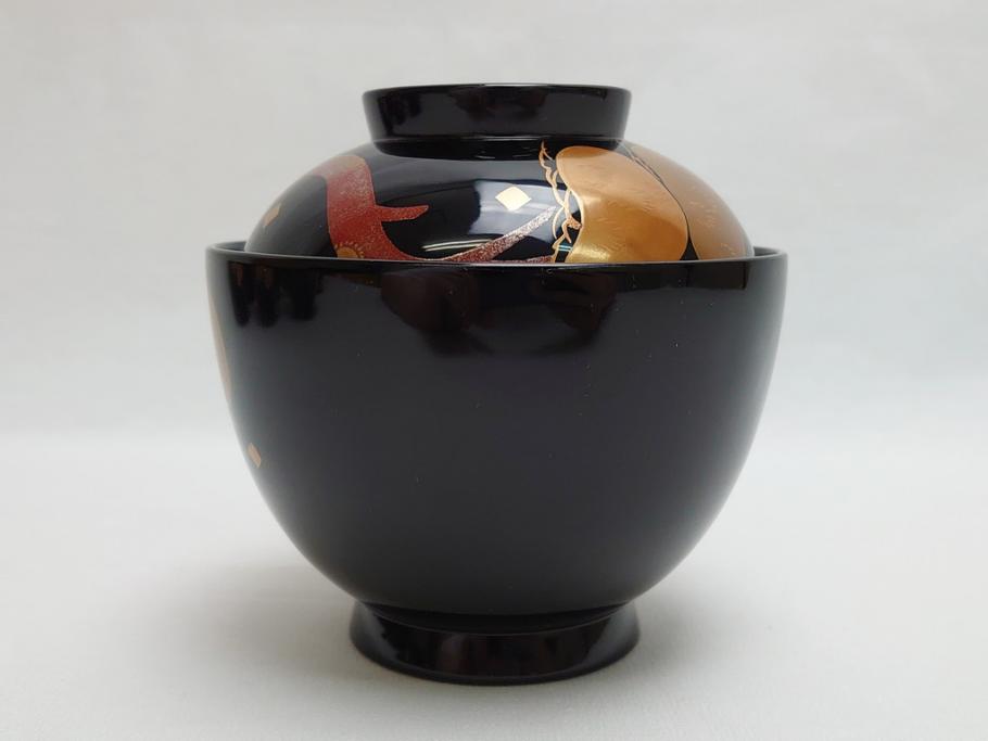 輪島塗　老松　蒔絵　木製　吸物椀10客(雑煮椀、黒漆、お椀、漆器)(R-062619)