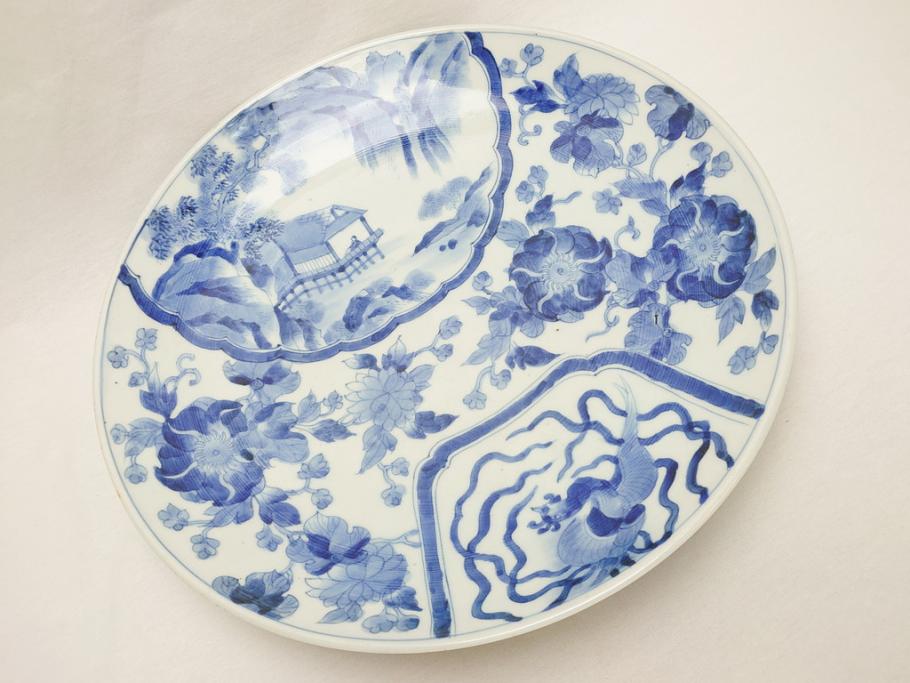 染付　鳳凰文　花弁紋　山水図　一尺四寸　約40cm　大皿(朝顔、菊、1尺4寸、和食器、和皿)(R-062625)