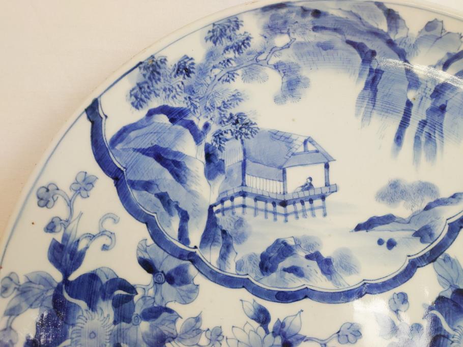 染付 鳳凰文 花弁紋 山水図 一尺四寸 約40cm 大皿(朝顔、菊、1尺