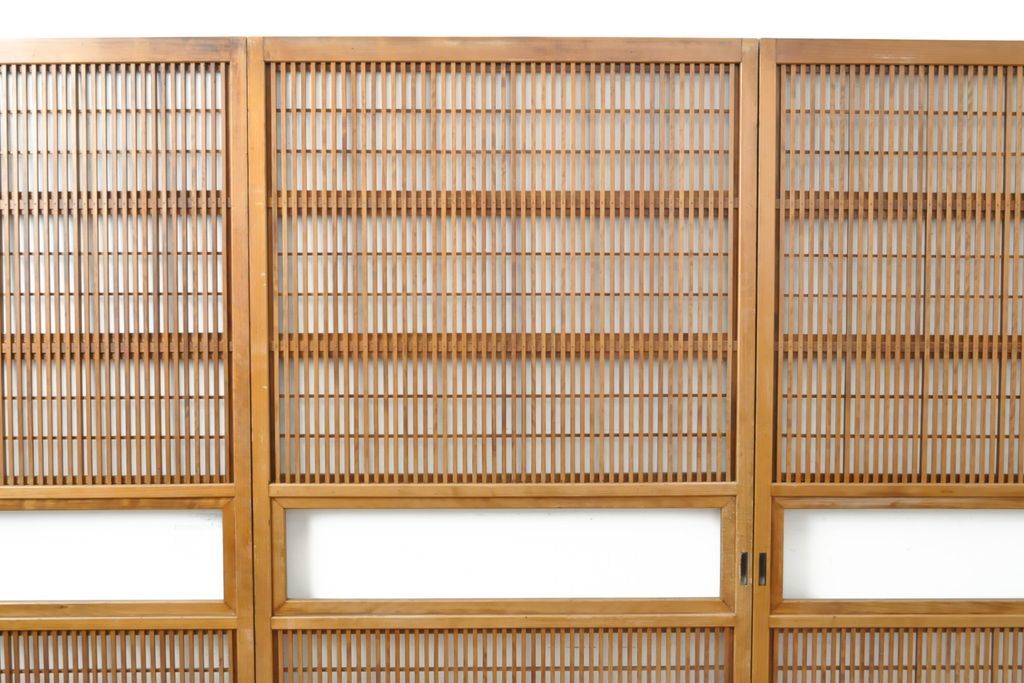 アンティーク建具 裏障子付き 明るい木味の格子戸4枚セット(引き戸、障子戸)(R-056521)