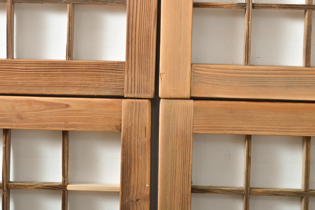 アンティーク建具　細身サイズ　シンプルな格子模様の欄間4枚セット(明り取り、明かり取り)(R-056380)