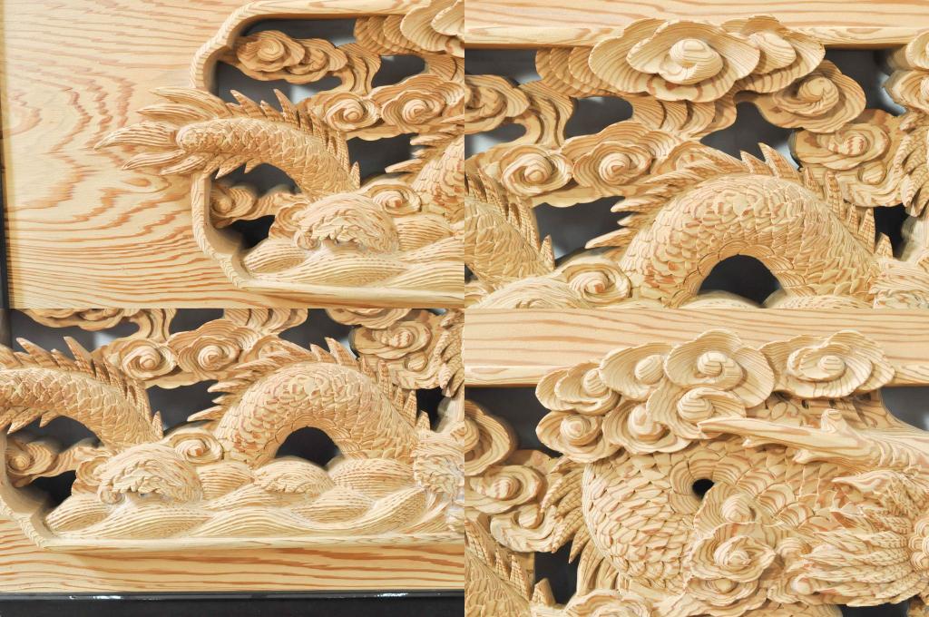 ビンテージ建具　杉(スギ)材　躍動感ある龍(竜)が見事な両面彫刻欄間(明かり取り、明り取り、ヴィンテージ)(R-080973)