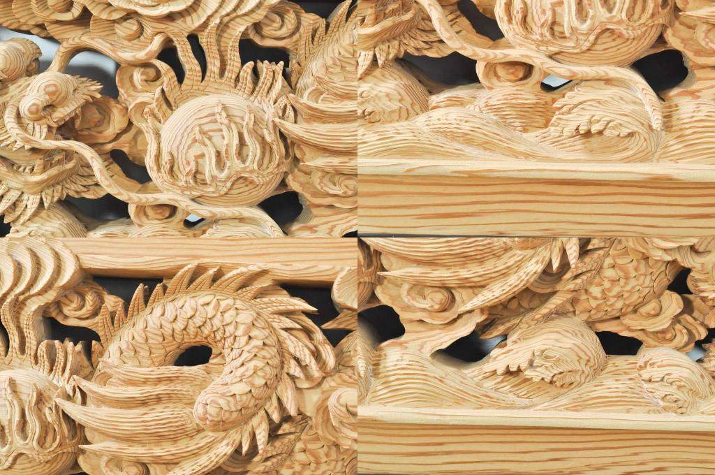 ビンテージ建具　杉(スギ)材　躍動感ある龍(竜)が見事な両面彫刻欄間(明かり取り、明り取り、ヴィンテージ)(R-080973)