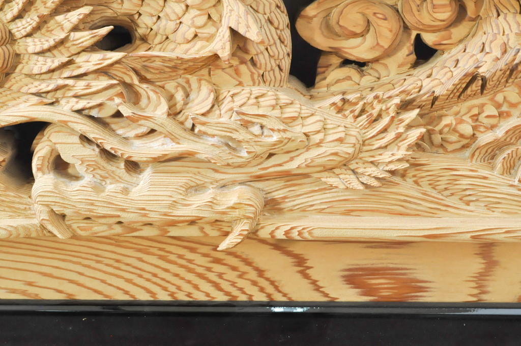 ビンテージ建具　杉(スギ)材　躍動感ある龍(竜)が見事な両面彫刻欄間(明かり取り、明り取り、ヴィンテージ)(R-080973)